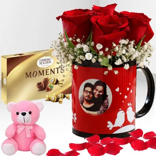 Beautiful Roses in Personalized Photo Mug with Ferrero Moments n Soft Teddy