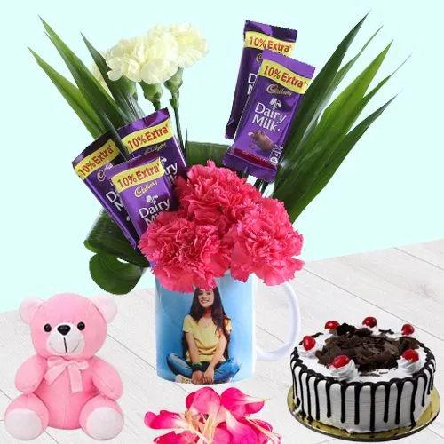 Delectable Chocolates n Carnations in Personalized Photo Mug with Black Forest Cake n Teddy
