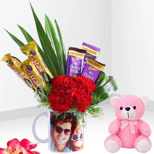 Lovely Personalized Photo Mug of Carnations n Cadbury Chocolates with Soft Teddy