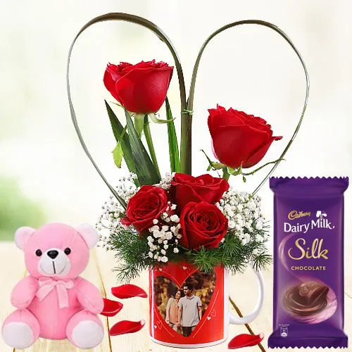 Lovely Roses in Personalized Photo Mug with Cadbury Silk and Soft Teddy