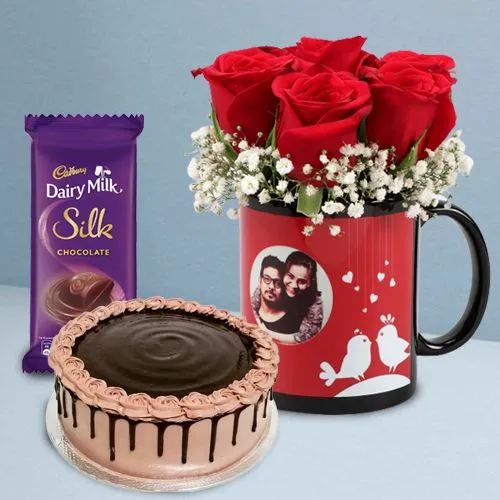 Dazzling Red Roses in Personalized Mug with Cadbury Silk n Chocolate Cake