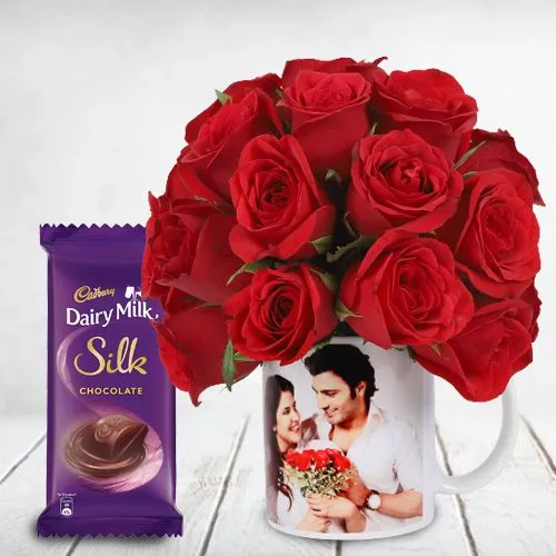 Lovely Roses in Personalized Photo Mug with Cadbury Silk