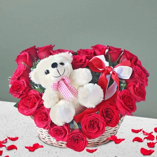 Valentine Delight Red Roses Heart Shape Basket with Cute Teddy