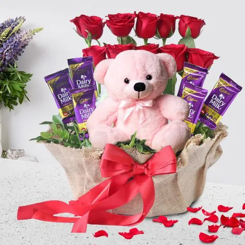 Romantic Treat of Red Roses, Soft Teddy n Cadbury Dairy Milk in Basket