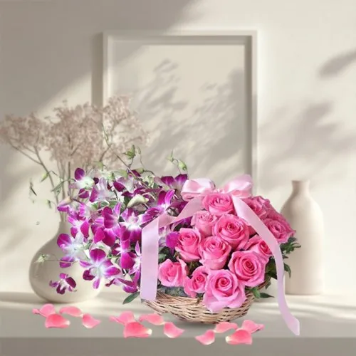 Impressive Pink Roses n Purple Orchids Basket