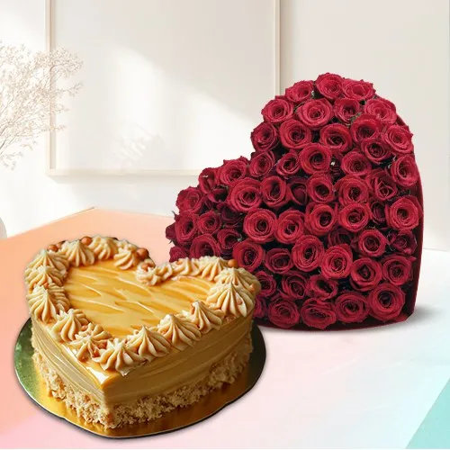 Hearts Desire Red Roses n Butter Scotch Cake