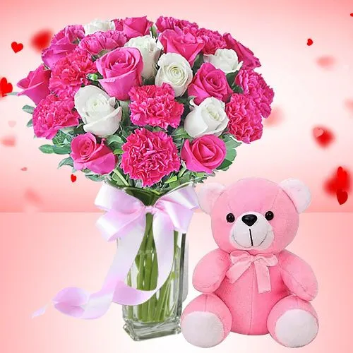 Ever Romantic Flowers Gift with Cute Teddy