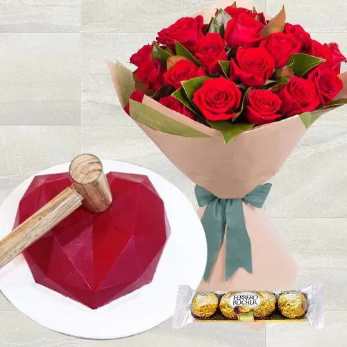 Promising Gift of Red Heart Hammer Cake, Red Roses Bouquet n Ferrero Rocher