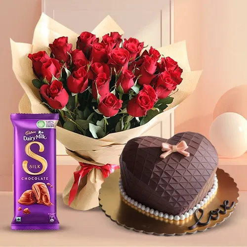 Splendid Combo of Chocolaty Heart Hammer Cake, Roses Bouquet n Cadbury Silk 	