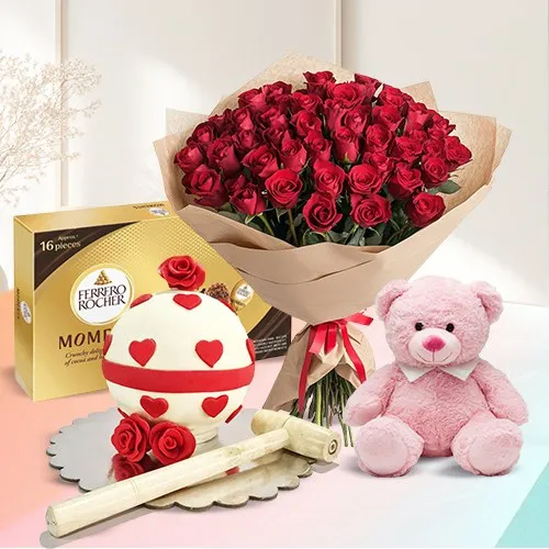 Special Dutch Roses Bouquet, Love Ball Pinata Cake, Ferrero Moments n Teddy	