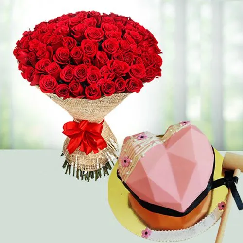 Exclusive Combo of Strawberry Love Hammer Cake n 100 Roses Bouquet 		