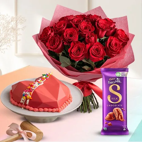 V-day Gift of Bleeding Love Smash Cake, Red Roses Bouquet n Cadbury Silk   	