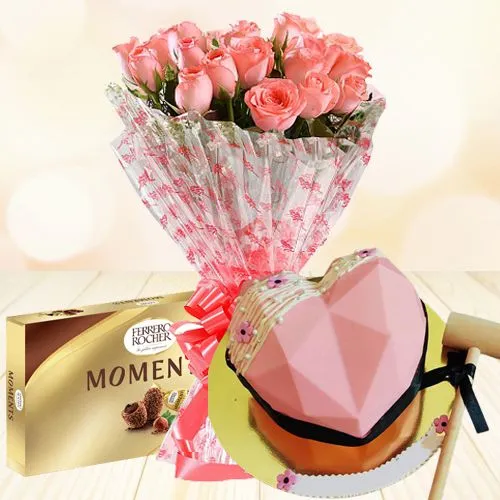 Pink Perfection Rose Bouquet, Love Pinata Cake n Ferrero Moments	Gift Combo