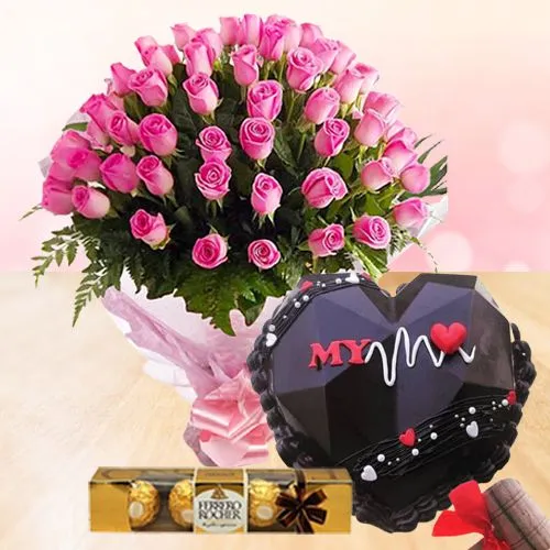 Enticing Combo of My Lifeline Chocolate Hammer Cake, Pink Rose Bouquet n Ferrero Rocher