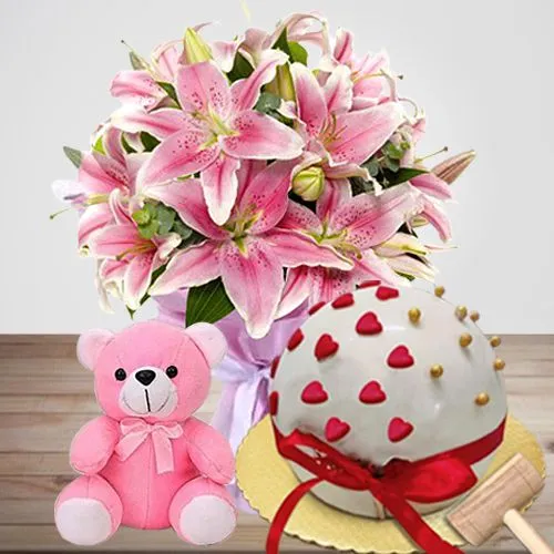 Smashing Love Score Pinata Cake, Pink Lily Bouquet n Teddy Gift Combo	