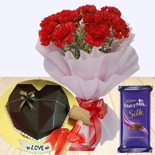 Hearty Chocolate Smash Cake, Red Carnations Bouquet n Cadbury Silk Gift Combo