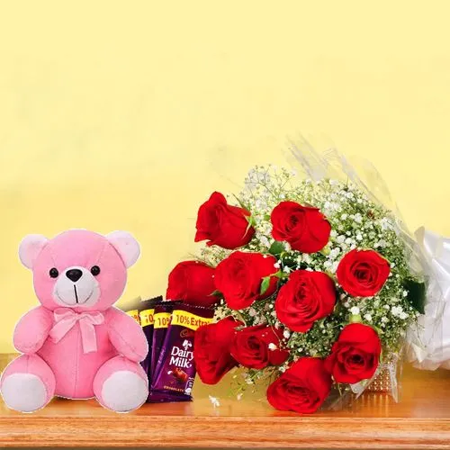 Be My Valentine Red Roses Bouquet, Adorable Teddy n Cadbury Combo