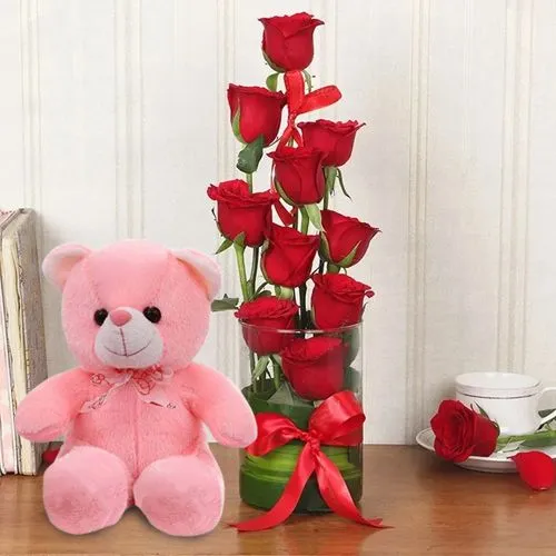 Impress Your Valentine with Red Roses in Vase N Soft Teddy