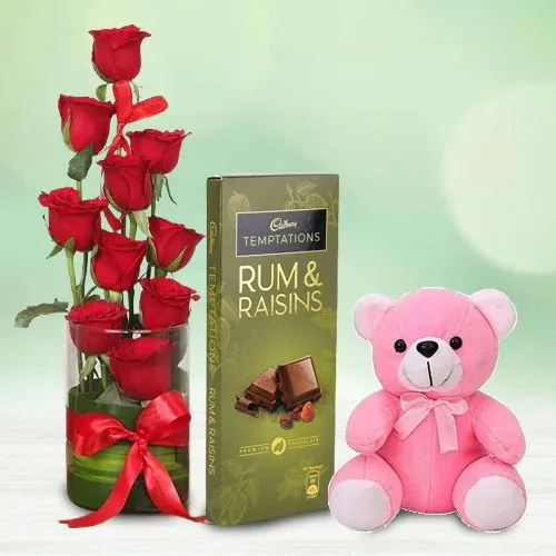 Hearts Desire Red Roses in Vase, Cadbury Temptation n Soft Teddy