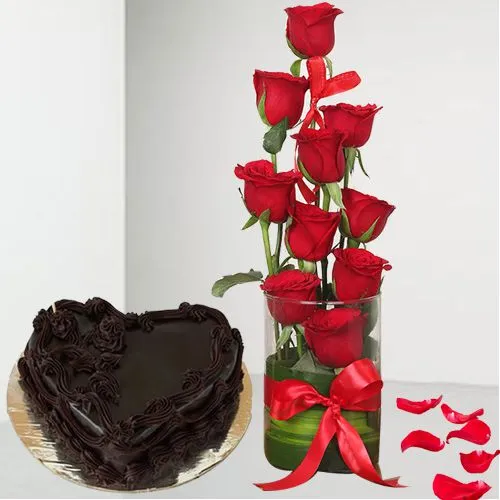 For U My Love Red Roses in Vase n Heart Shape Chocolate Cake