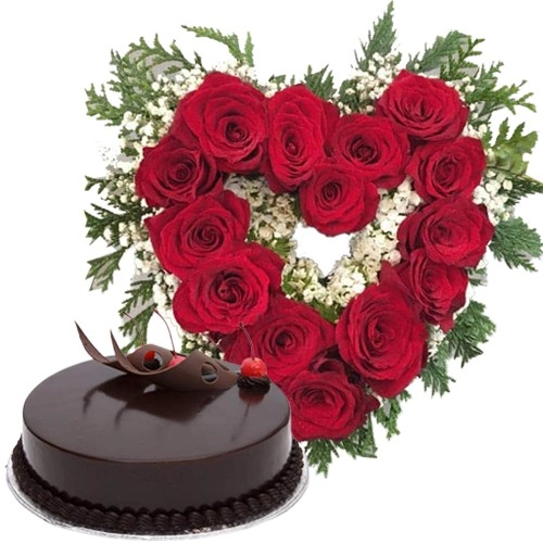 Chocolaty Cake N Heart-Shape Red Roses Arrangement Combo Gift