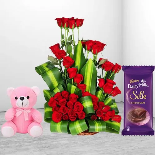 Special Red Roses Arrangement with Love Teddy n Cadbury Chocolate