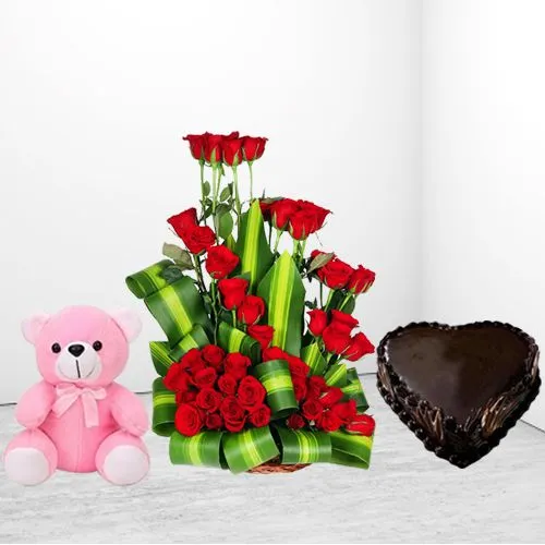 Splendid Combo of Red Roses Arrangement, Love Shape Chocolate Cake n Soft Teddy