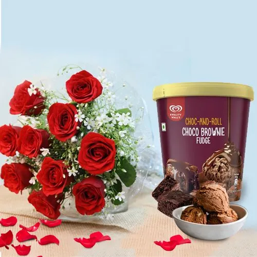 Love Everywhere Arrangement of Red Roses with Kwality Walls Choco Brownie Ice Cream