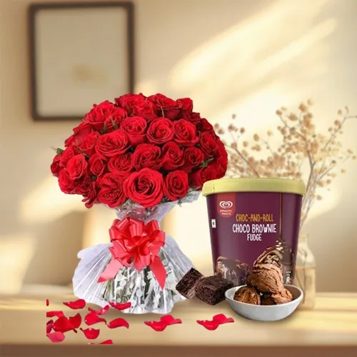 Love Everywhere Arrangement of Red Roses with Kwality Walls Choco Brownie Ice Cream