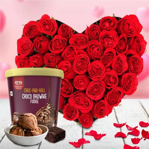 Love Filled Red Rose Bouquet with Kwality Walls Choco Brownie Ice Cream