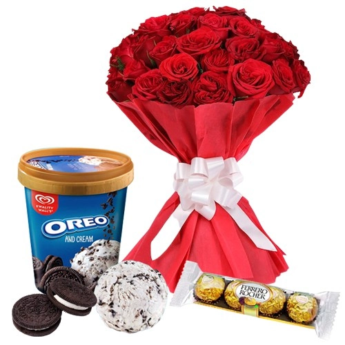 Delectable Kwality Walls Oreo Ice Cream N Ferrero Rocher with Lovely Rose Bouquet