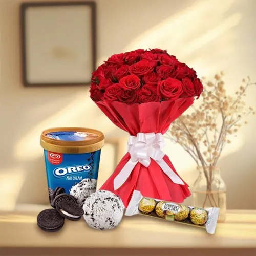 Delectable Kwality Walls Oreo Ice Cream N Ferrero Rocher with Lovely Rose Bouquet