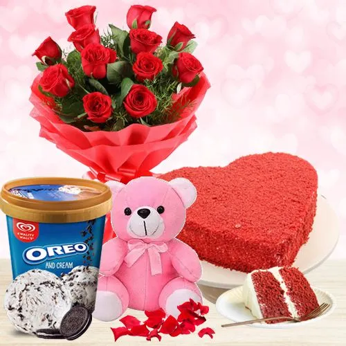 Excellent Gift of Kwality Walls Oreo Ice Cream with Roses, Heart Cake n Teddy