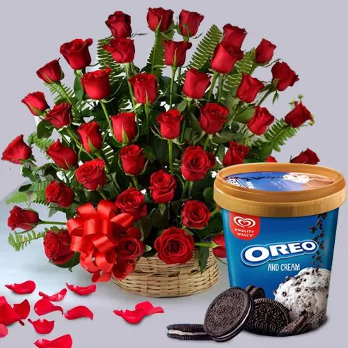 Alluring Combo of Kwality Walls Oreo  N  Cream Ice Cream n Basket of 100 Red Roses