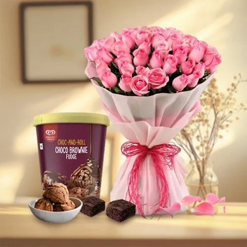 Exciting Love Combo of Rose Bouquet with Kwality Walls Choco Brownie Ice Cream