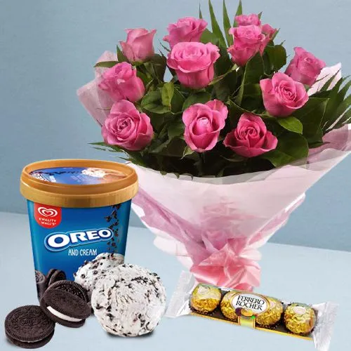 Lovers Indulgence Kwality Walls Oreo Ice Cream n Ferrero Rocher with Roses