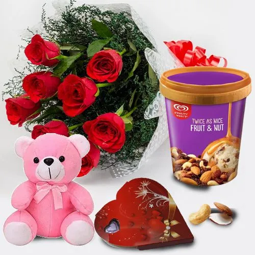 Mesmerizing Kwality Walls Fruit n Nut Ice Cream, Roses, Teddy n Handmade Love Chocolate