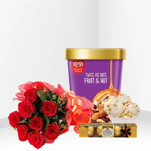 Lovers Delight Combo of Kwality Walls Fruit n Nut Ice Cream n Roses with Ferrero Rocher