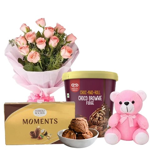 Lovely Pink Roses n Kwality Walls Choco Fudge Ice Cream with Ferrero Moments N Teddy