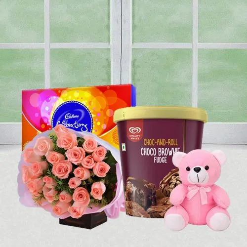 Terrific Roses with Kwality Walls Brownie Fudge Ice Cream, Cadbury Celebration N Teddy