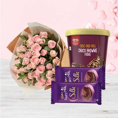 Appealing Rose Bouquet with Kwality Walls Brownie Ice Cream N Cadbury Silk