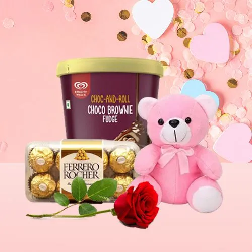 Lovely Rose with Kwality Walls Brownie Fudge Ice Cream, Ferrero Rocher n Teddy
