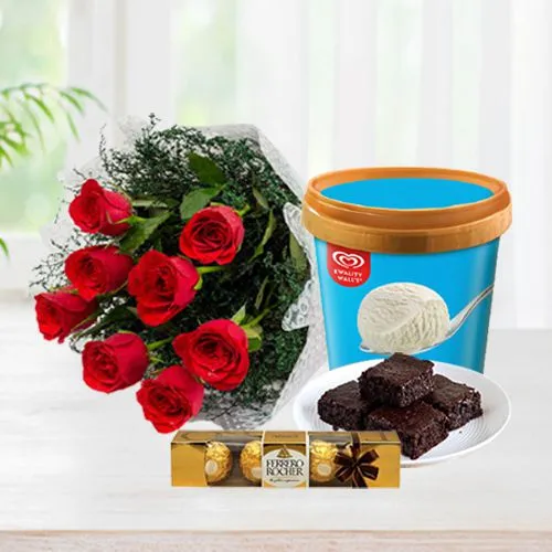 Gorgeous Roses with Kwality Walls Vanilla Ice Cream, Brownie  N Ferrero Rocher