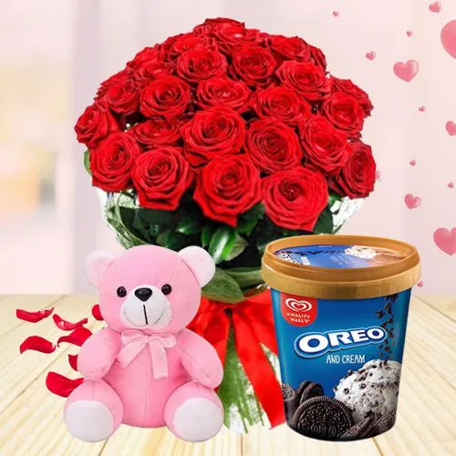 Delicious Kwality Walls Oreo N Cream Ice Cream with Roses N Love Teddy