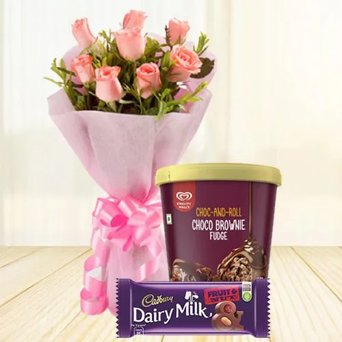 Precious Roses Bouquet with Kwality Walls Choco Fudge Ice Cream n Cadbury Dairy Milk