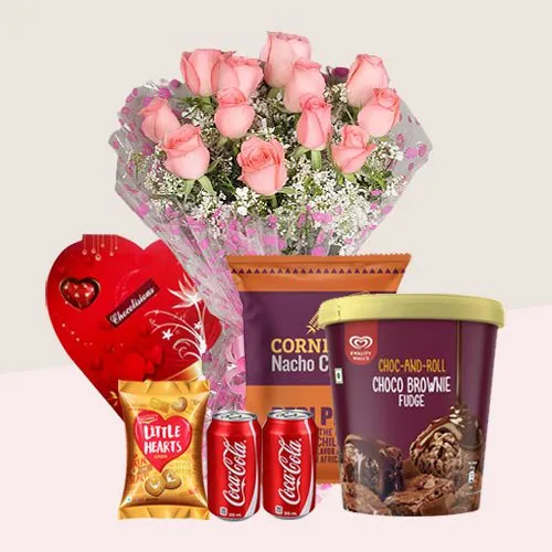 Awesome Gift of Roses N Kwality Walls Ice Cream with Assortments