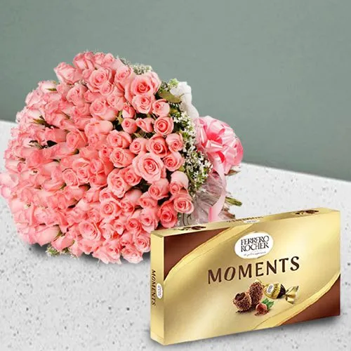 Valentine Special 100 Pink Roses Bouquet n Ferrero Moments
