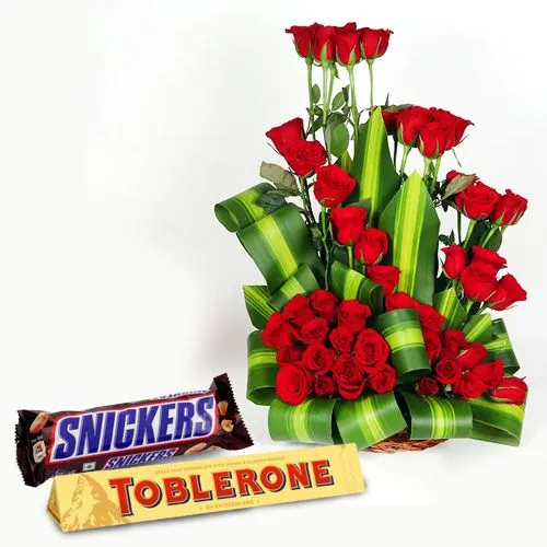 Romantic Choice Basket of Red Roses with Snickers n Toblerone