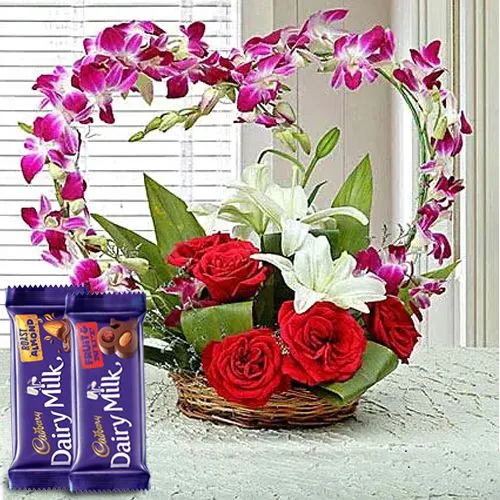 Elegant Mixed Flowers Love Basket with Cadbury Chocolates