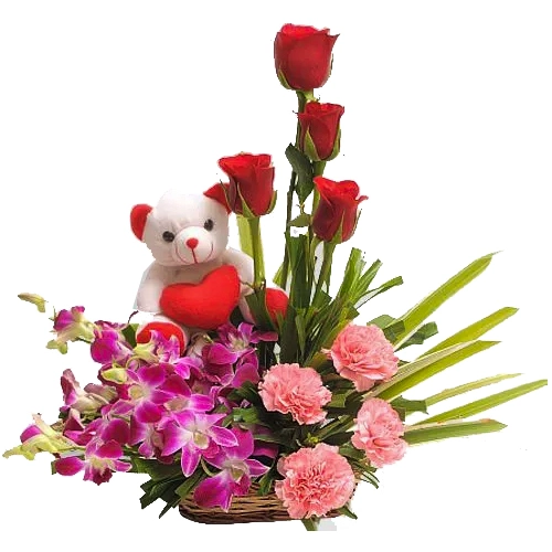 Pristine Mixed Flowers Arrangement with Love Teddy